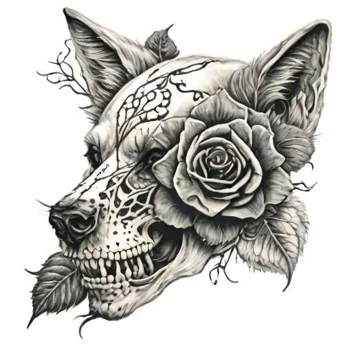 Half Wold Head And Half Wolf Skull With Black Roses