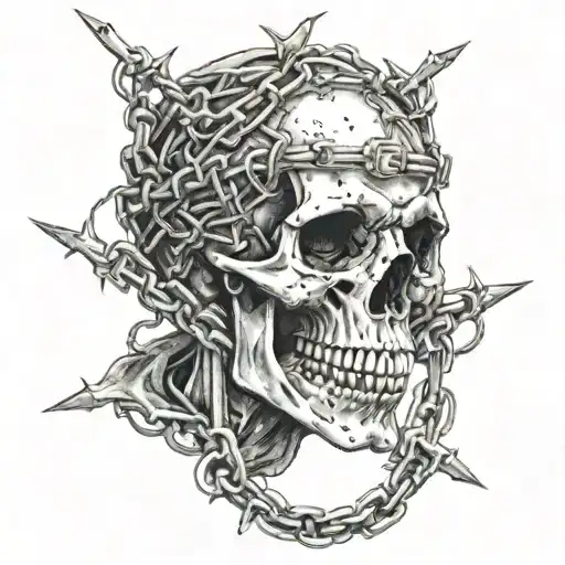 Skull Wrapped In Barbed Wire And Chain Wrapped
