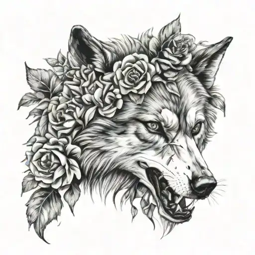 Half Wolf Head And Half Wolf Skull Black Flowers