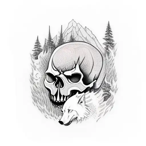 A Skull And A Wolf With A Forest In The Backround And Dust Around It
