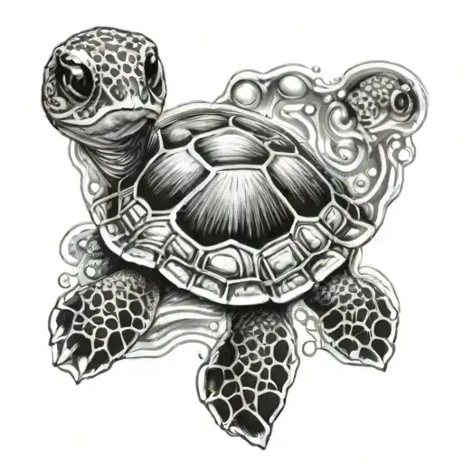 Cute Little Colored Turtle Into A Bubble Black And White