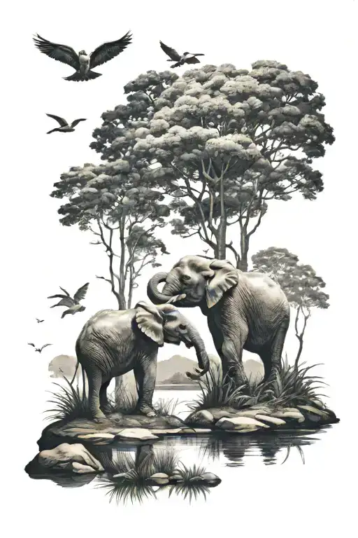 Two Elephants In The Forest With A Lake And Birds In Sky
