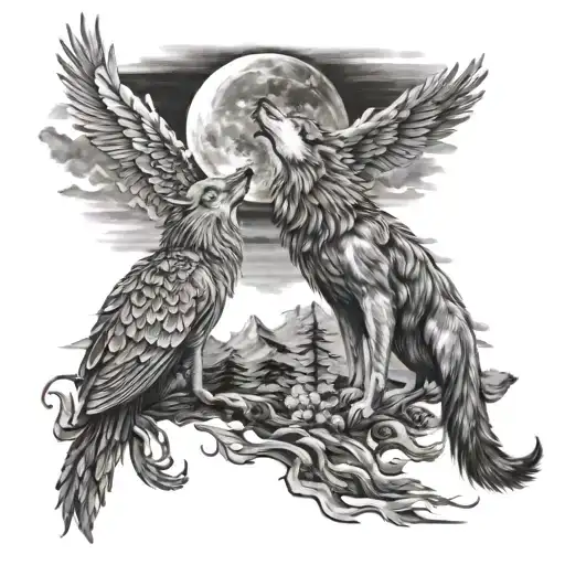 Phoenix And Wolf Howling At The Moon