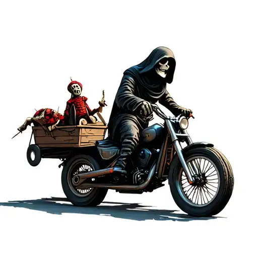 Grim Reaper Riding A Motorcycle With A Side Cart With A Voodoo Doll In It