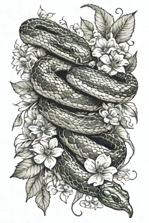 A Realistic Portrait Of A Snake Wrapped Through Flowers