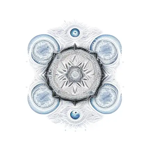 A Moon With Intricate Dotwork Patterns Reflecting The Colors Of The Ocean