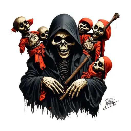Grim Reaper Surrounded By A Hateful Voodoo Dolls