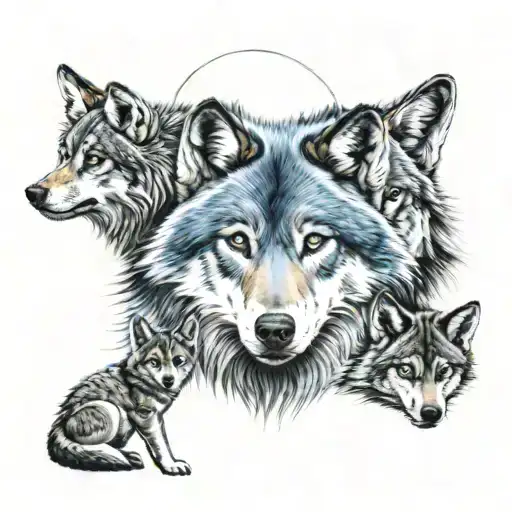 Couple Of Wolves And 3 Cubs Diatintas Ages Blue Moon