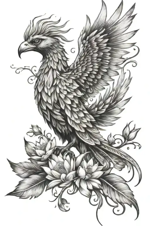 Phoenix With Daisies And Water Lilies Tattoo