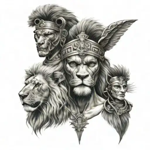 Lion And Greek Warrior And Female Aztec Warrior