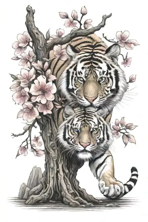 Tiger Emerging From The Trunk Of A Blossoming Sakura