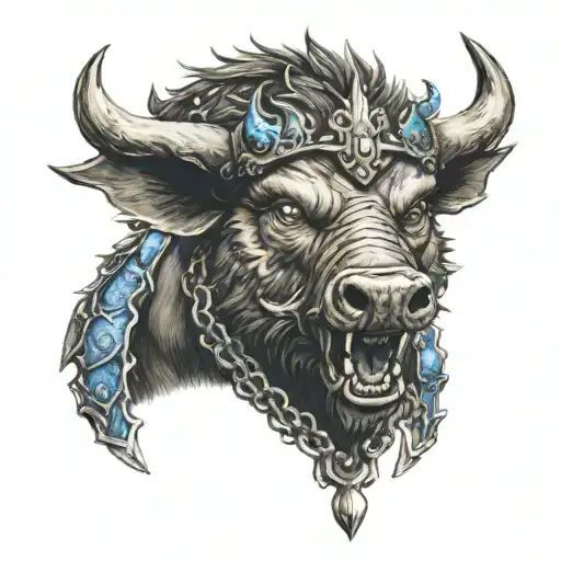 Angry Boar Head On Chained Armor Wearing A Crown With Blue Eyes