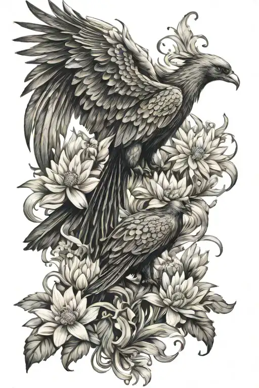 Phoenix Protecting Daisies And Water Lilies Tattoo