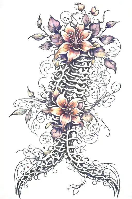 Spine Tattoo Which Is Colourful Flower Vines Wrapping Are The Bones Of The Human Spine