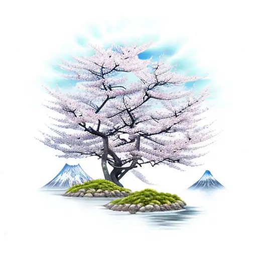 Mountain Range With Sakura Tree And Japanese House