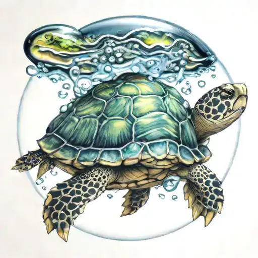 Cute Little Colored Turtle In A Big Bubble