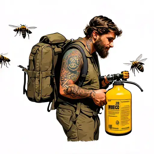 Guy With Backpack Sprayer Trying To Kill Aggressive Bees