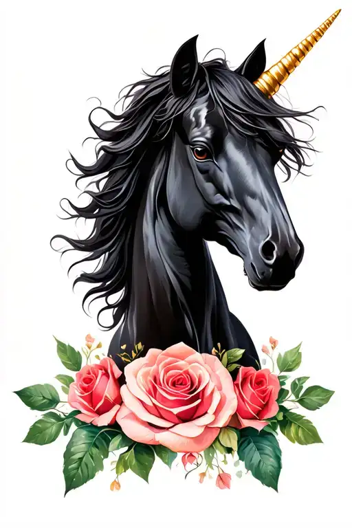 Black Unicorn With Gold Horn And Roses