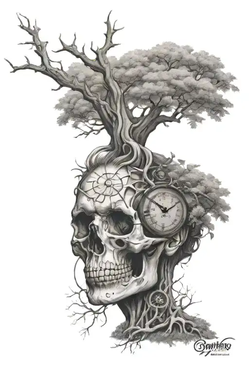 Skull Clock Face Tree Aging Woman