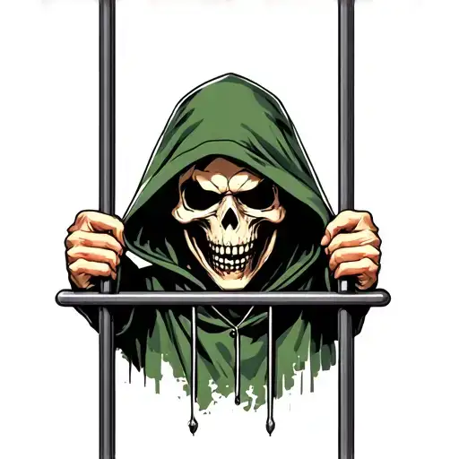 Grim Reaper In Green Hoodie Behind Jail Bars