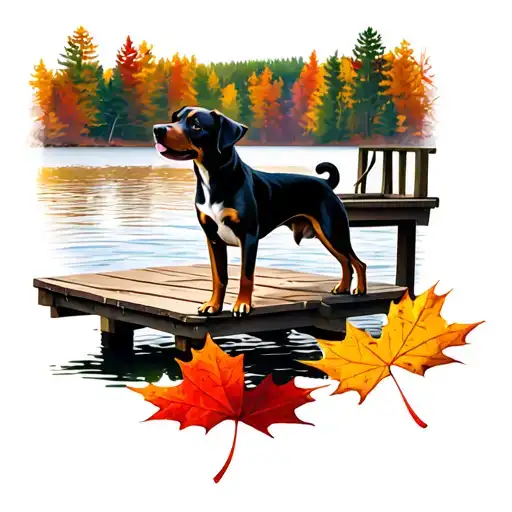 Dog Setting On A Pier Out On A Lake In A Maple Leaf