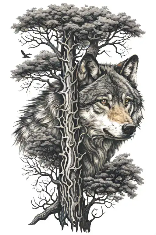 Wolf On Forearm With Tree
