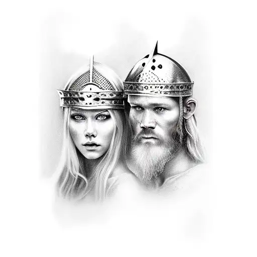 Viking Warrior Couple Grayscale Realistic