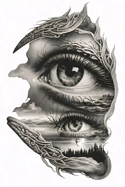 An Eye With A Lake Reflecting Son And Daughter Holding Hands And Looking At Universe