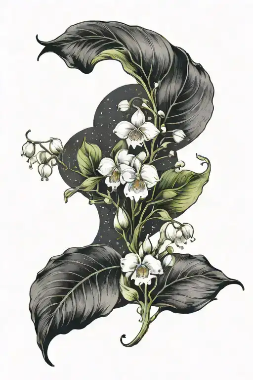 4 Moon Phase In One Line And Both Sides Surrounded By Lily Of The Valley Flower