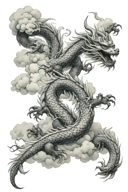 Japanese Dragon Descending From Japanese Clouds