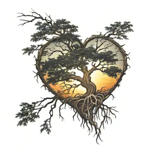 Tree With Roots Making A Heart And Sunset Background