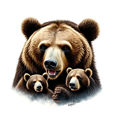 Aggressive Papa Bear Protecting Mama Bear And Two Cubs Tattoo Design Idea