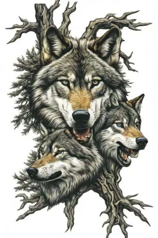 Tree 3 Wolves Face Angry