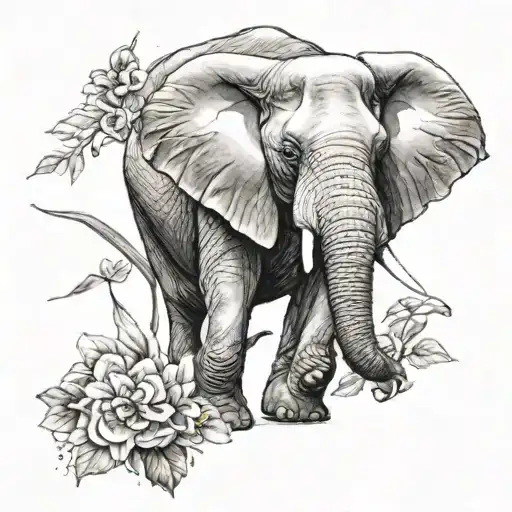 Elephant Walking Towards With Flower Blooming