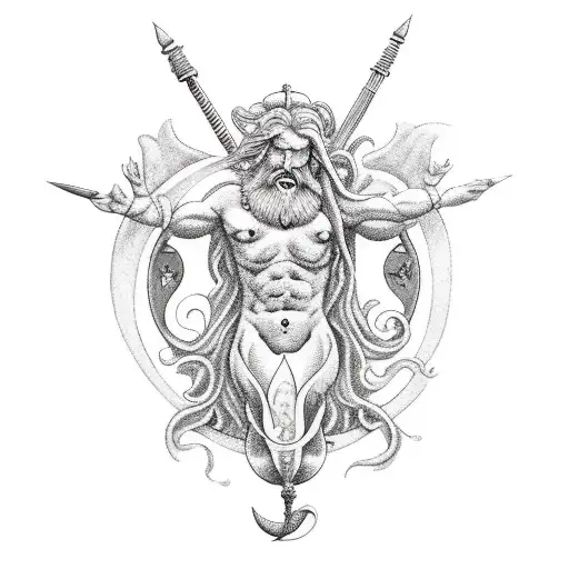 A Black-grey Tattoo Of Neptune With A Trident And A Mermaid