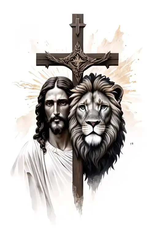 Cross In Middle Jesus On Left Side And Lion On Right Side
