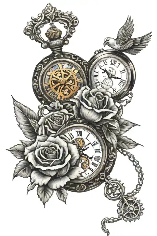 Pocket Watch With Gears And Dove Flying Tear Drop On Roses