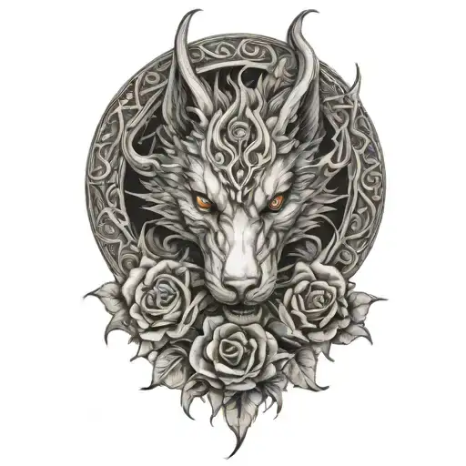 Dragon And Wolf Blended By Roses Intertwined