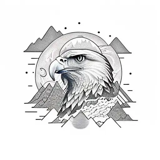 Mountains And Trees With Sunrise And American Eagle Flying