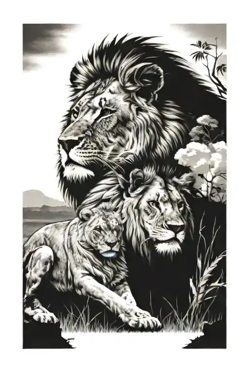 Lion And Two Cubbs And Savannah Landscape