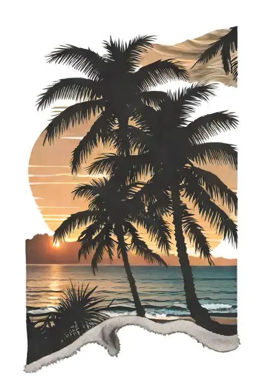 Sunset Beach Scene With Palm Trees And Beach Towel