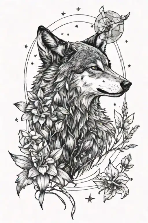 Wolf And Her Pup Surrounded By Trees And Iris Flowers And Pieces Constellation