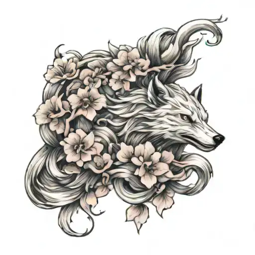 Nine Tailed Fox With Cherry Blossoms