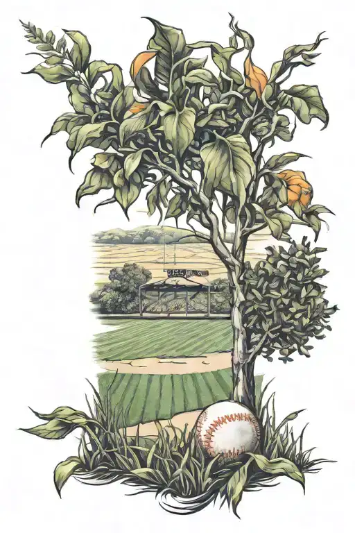 Baseball Field With Corn Field And An Orange Tree