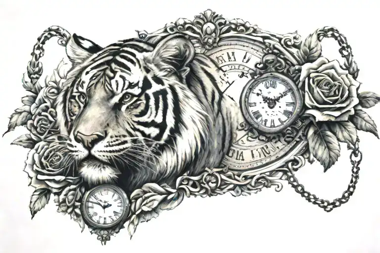 Tiger Center Upper Back Surrounded By Roses And Pocket Watches