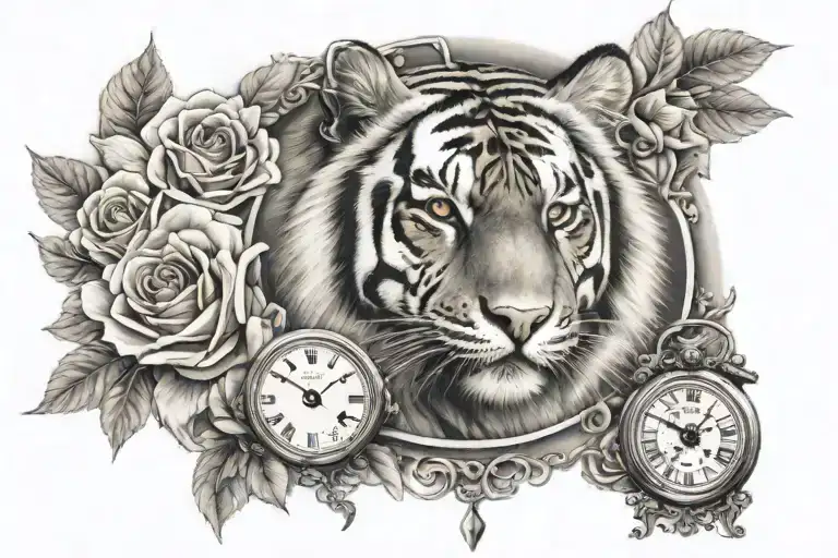 Tiger Center Upper Back Surrounded By Roses And Pocket Watches
