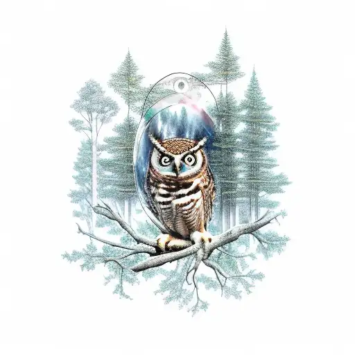 Forest And Above The Forest There Is An Owl And Between Them A Broken Roman Clock