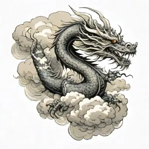 Japanese Dragon Coming Down From The Clouds