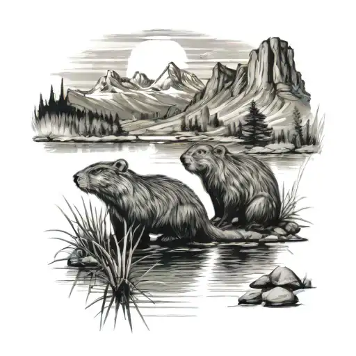1 Beaver And 1 Antelope Drinking From A Pond With Mountains In The Background