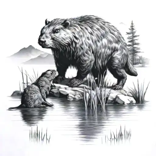 Beaver And Antelope Drinking From A Pond With Mountains In The Background